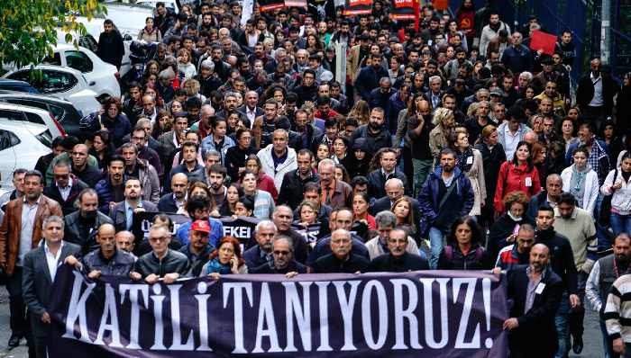 Protesters with a banner reading, "We know who the killer is", Istanbul, Oct. 13, 2015. Halit Onur Sandal/NurPhoto/Corbis