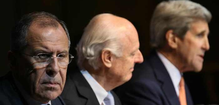 Russia's Foreign Minister Sergei Lavrov, UN Special Envoy for Syria Staffan de Mistura, and the U.S. Secretary of State John Kerry at the Syria talks, Vienna, October 30, 2015. Alexander Shcherbak/ITAR-TASS Photo/Corbis
