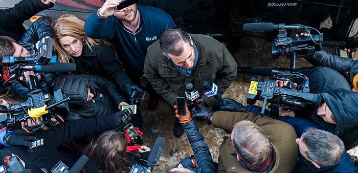 Presidential candidate Ted Cruz surrounded by television reporters, Center Barnstead, New Hampshire, Jan. 19, 2016. Ian Thomas Jansen-Lonnquist/The New York Times/Redux