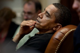 President Obama reflects during a meeting at the White House, March 15, 2009. The White House/Wikicommons