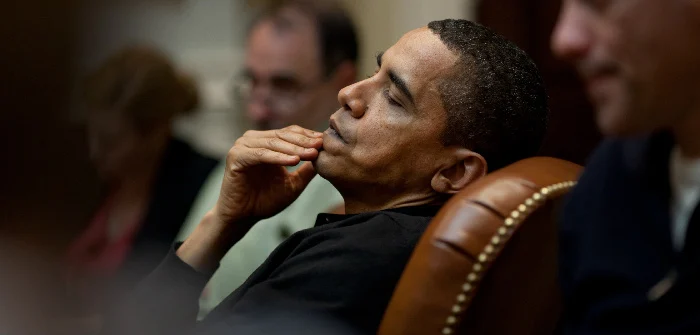 President Obama reflects during a meeting at the White House, March 15, 2009. The White House/Wikicommons