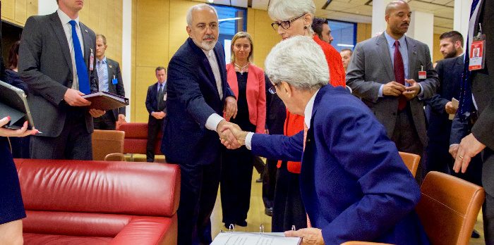 Iranian Foreign Minister Javid Zarif shakes hands with U.S. Secretary of State John Kerry, Vienna, July 14, 2015. U.S. Department of State