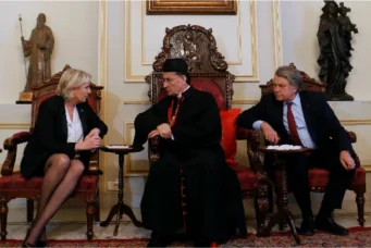 Marine Le Pen, France's National Front (FN) leader and candidate for the 2017 presidential elections, with Cardinal Bechara Boutros Rai of Lebanon, the Maronite Patriarch of Antioch and the Whole Levant, and French deputy Gilbert Collard in Bkerke, north of Beirut, Feb. 21, 2017. Mohamed Azakir/Reuters