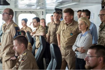 German Defense Minister Ursula von der Leyen aboard the FGS Bonn in the Aegean Sea, April 20, 2016. John MacDougall/Reuters