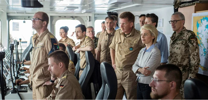 German Defense Minister Ursula von der Leyen aboard the FGS Bonn in the Aegean Sea, April 20, 2016. John MacDougall/Reuters