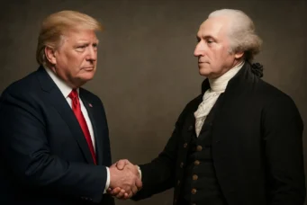 An AI-generated image of Donald Trump shaking hands with George Washington.