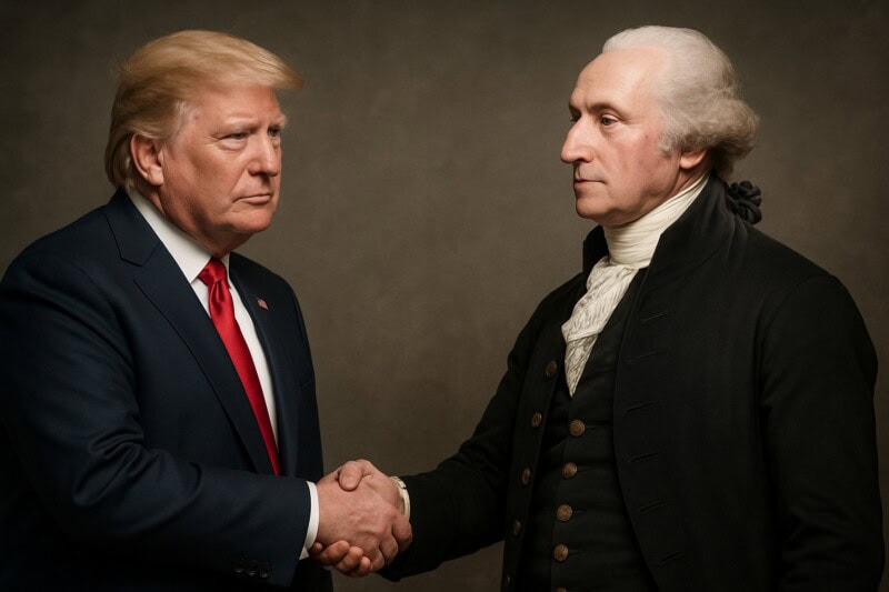 An AI-generated image of Donald Trump shaking hands with George Washington.